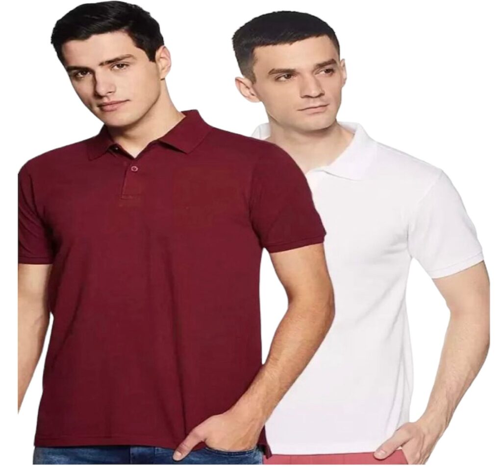 Men Solid Polo Neck Cotton Blend White, Maroon T-Shirt